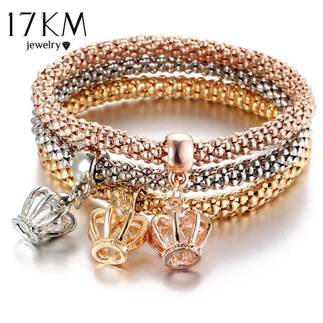 3Pcs Gold Color Crystal Charm Bracelets