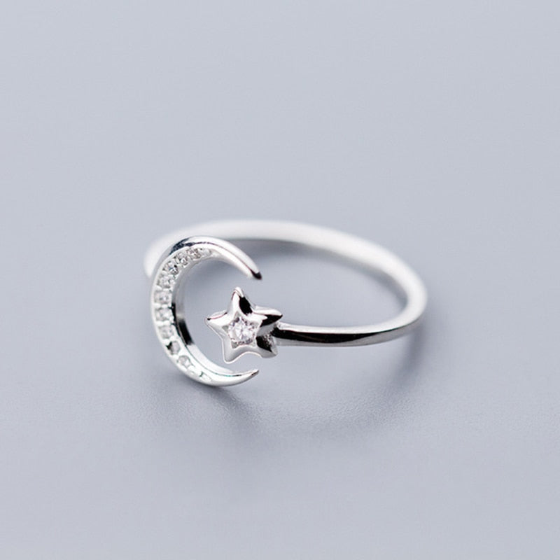 925 Sterling Silver Minimalist Zircon Moon Star Ring