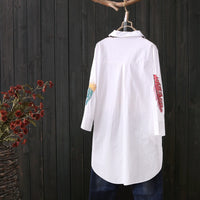 Cotton Plus size Feather Embroidery White Long Blouse