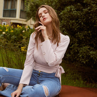 Elegant Bow Tie Pink Blouse