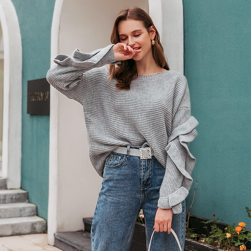 Elegant O-neck Ruffle Sweater