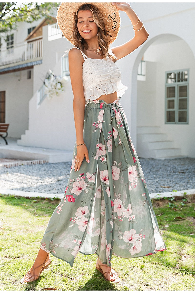 Printed Wide Leg Ruffled Pants