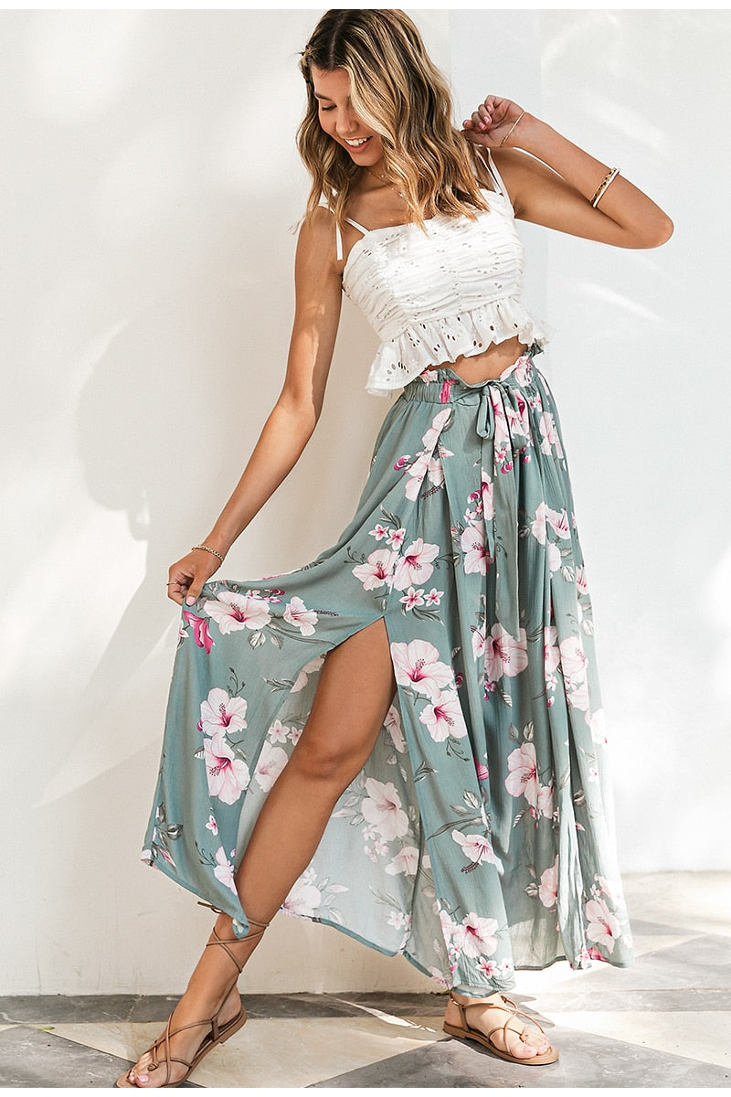 Printed Wide Leg Ruffled Pants