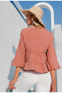 Casual Solid O-Neck Ruffled Blouse