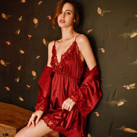 Satin Lace Deep V Robe And Dress Set