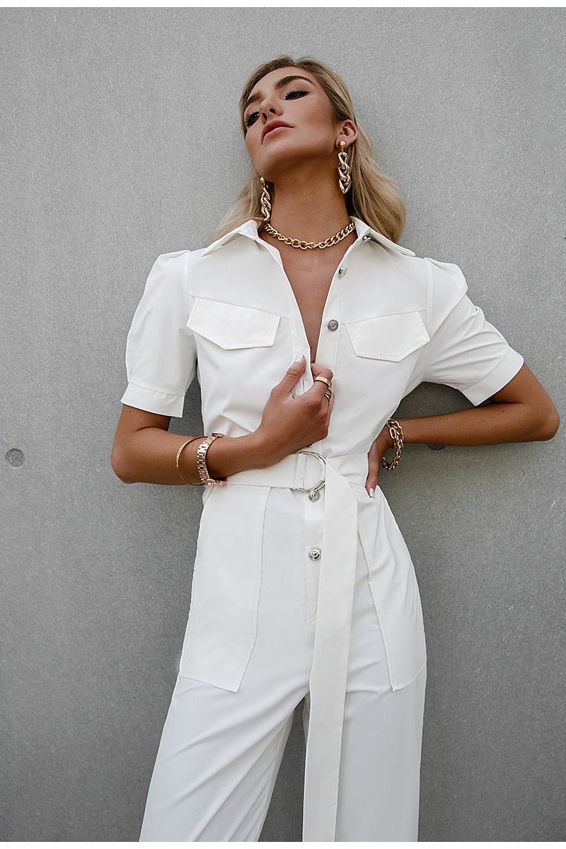 White puff sleeve Lace-up Jumpsuit