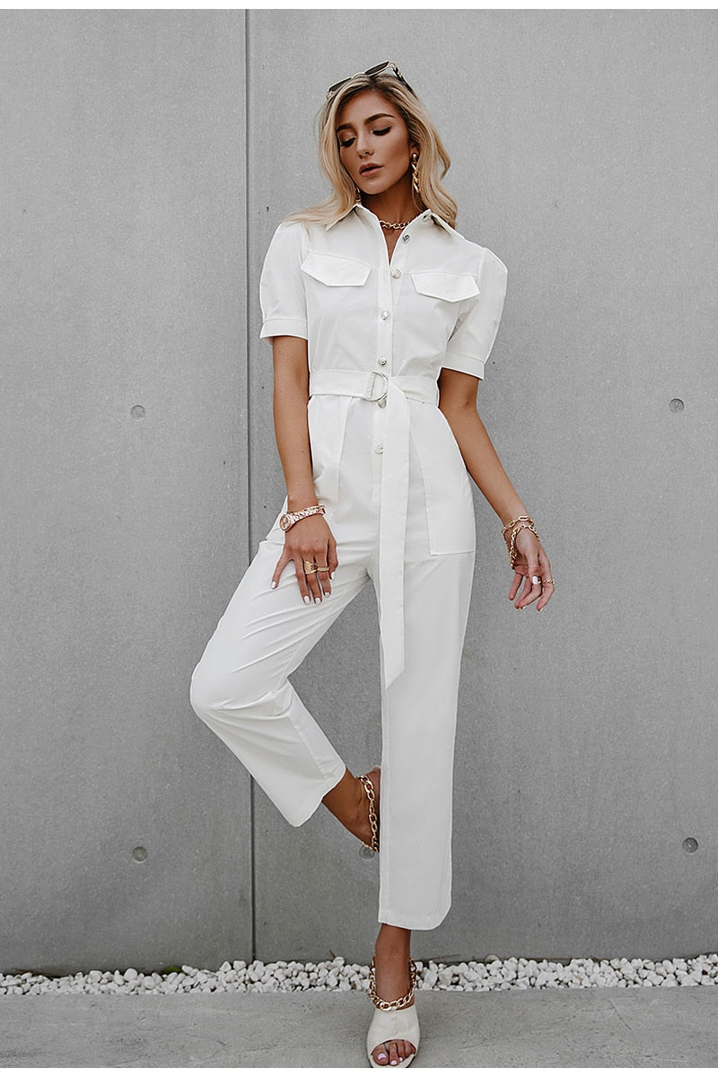 White puff sleeve Lace-up Jumpsuit