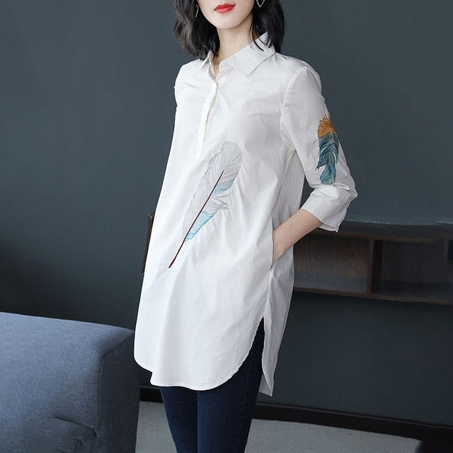 Cotton Plus size Feather Embroidery White Long Blouse