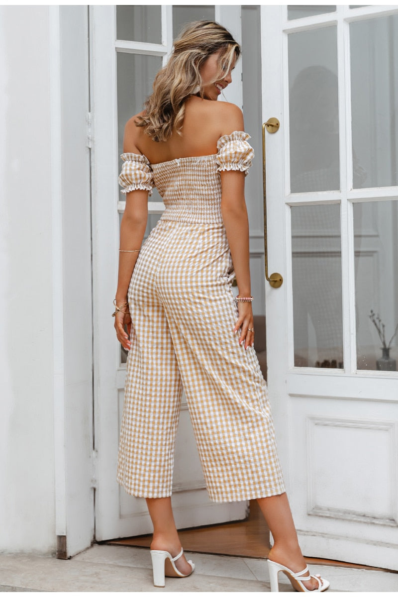 Plaid Off Shoulder Jumpsuit