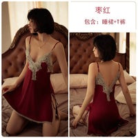 Backless Stain Deep V Lace Nightgown With Thong