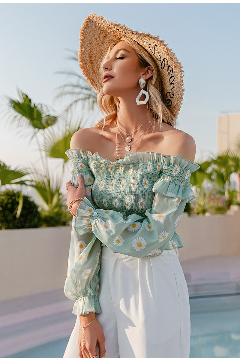 Green Off Shoulder Floral Printed Top