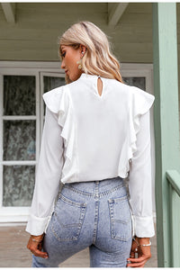 Casual White Key Hole Ruffled Blouse