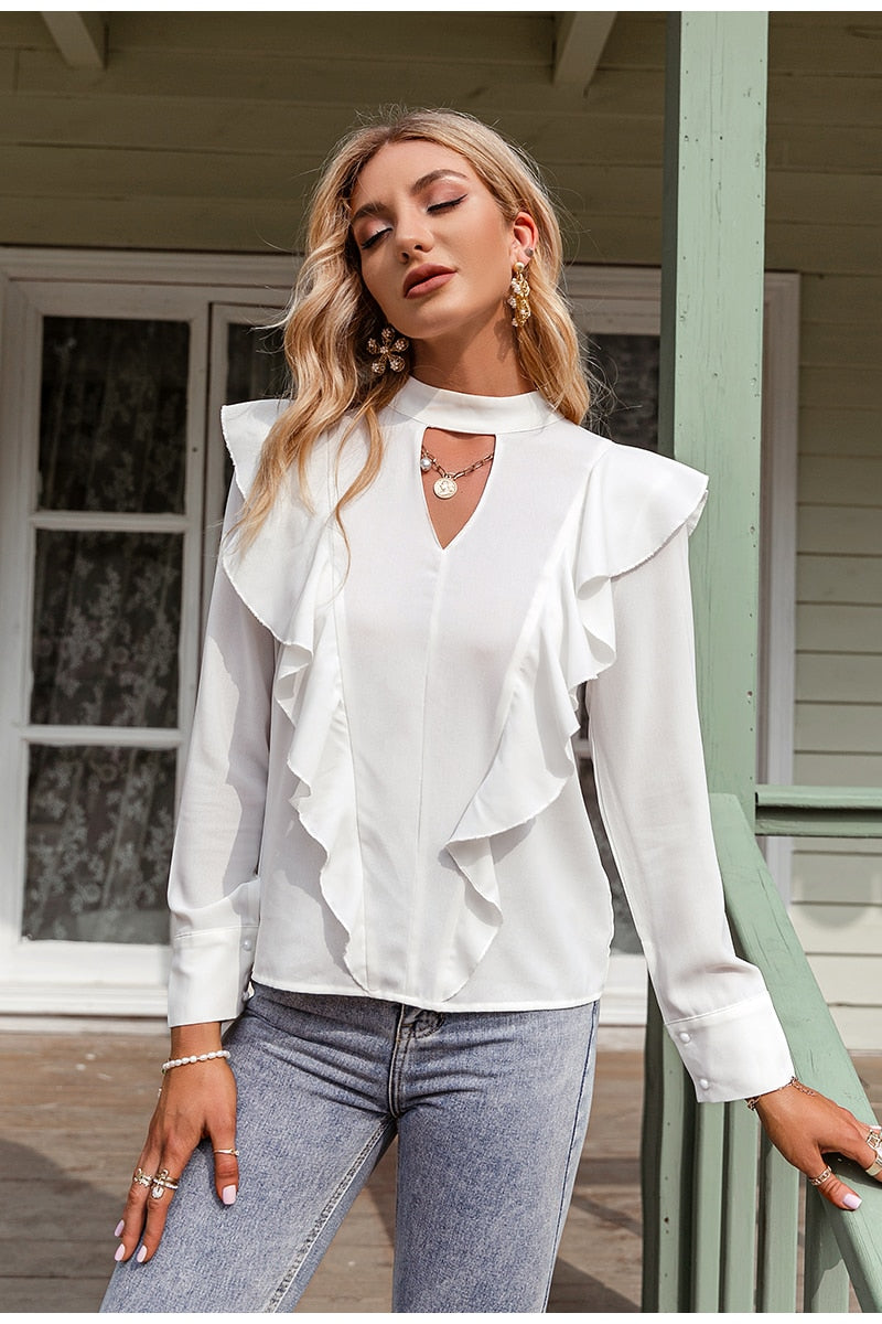 Casual White Key Hole Ruffled Blouse