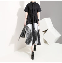 Korean Style Woman Summer Black Printed Long Shirt Dress