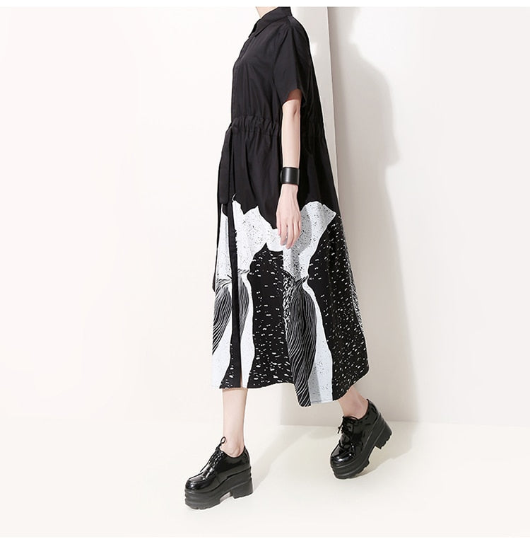 Korean Style Woman Summer Black Printed Long Shirt Dress