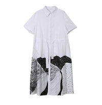 Korean Style Woman Summer Black Printed Long Shirt Dress