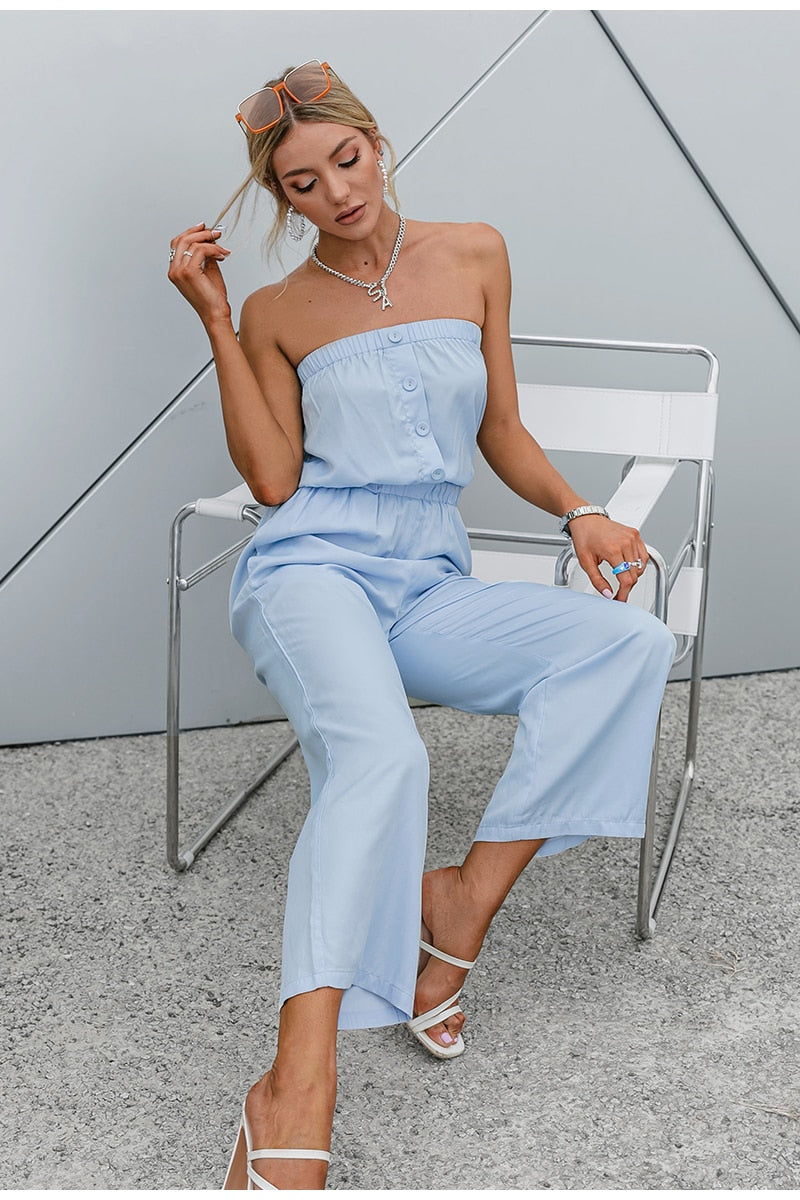 Blue Sleeveless One-shoulder Jumpsuit