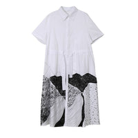 Korean Style Woman Summer Black Printed Long Shirt Dress