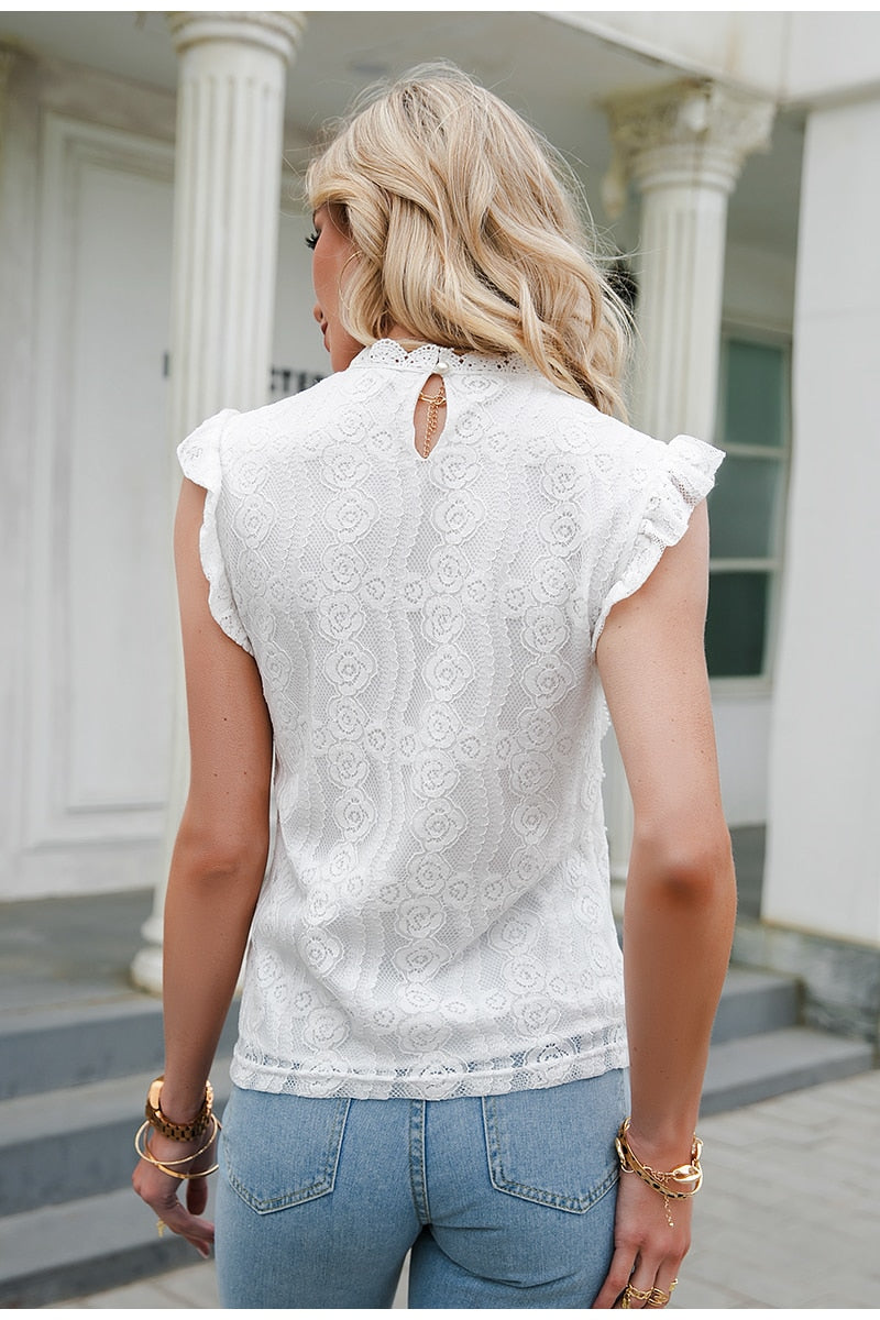 Elegant White Lace Stitching Sleeveless Top