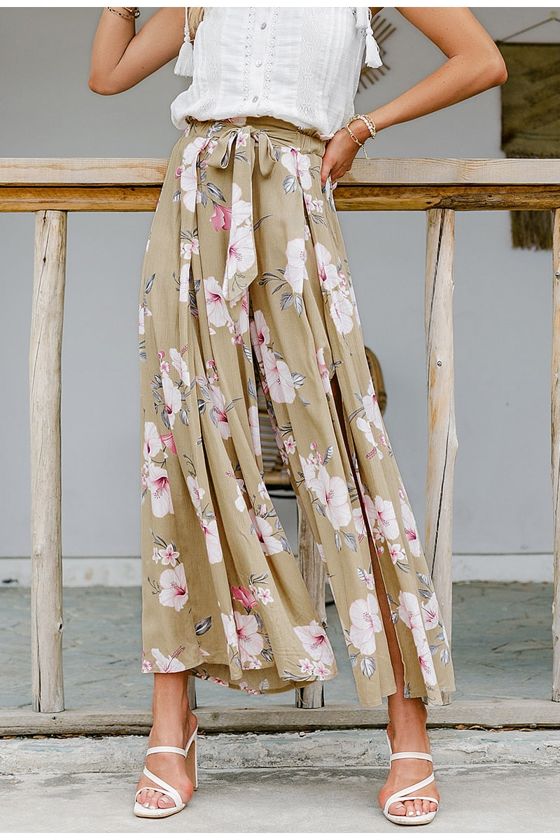 Printed Wide Leg Ruffled Pants