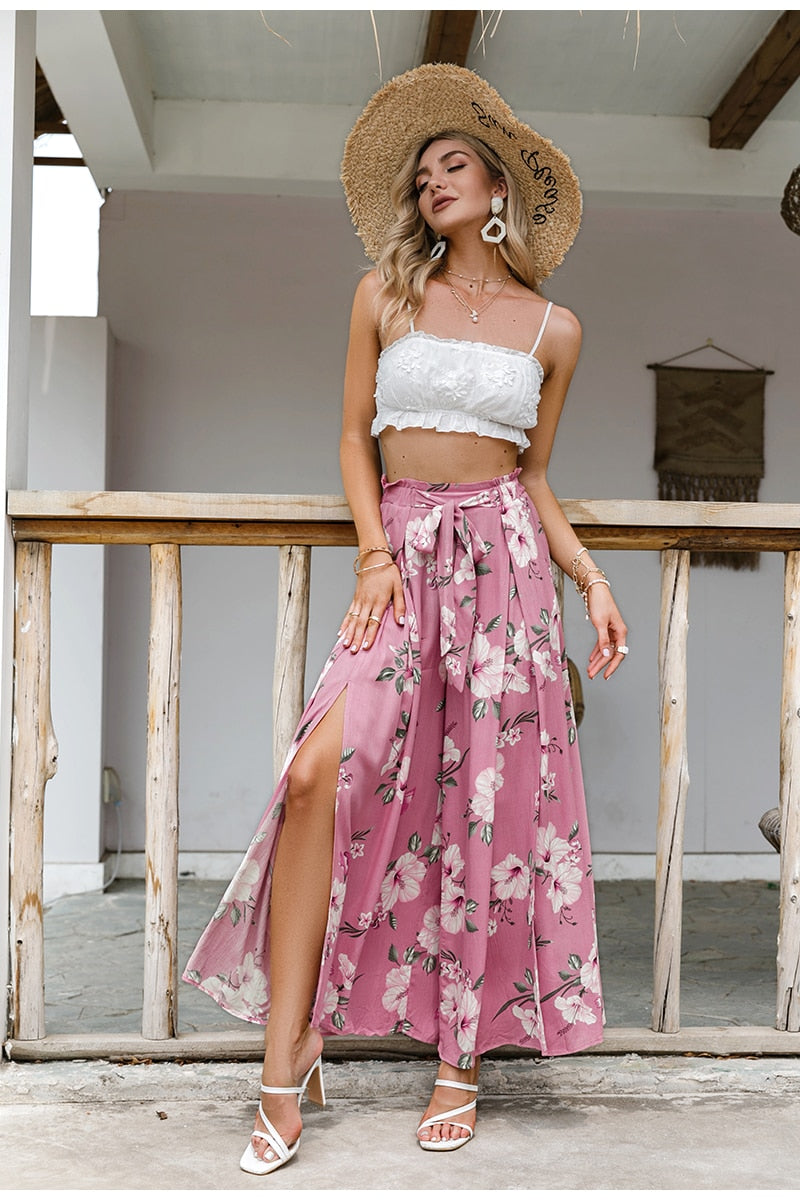 Printed Wide Leg Ruffled Pants