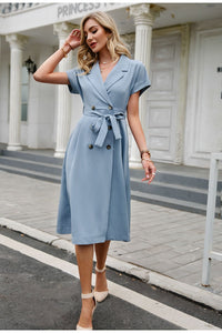 Summer Blue Office High Waist Dress with Belt