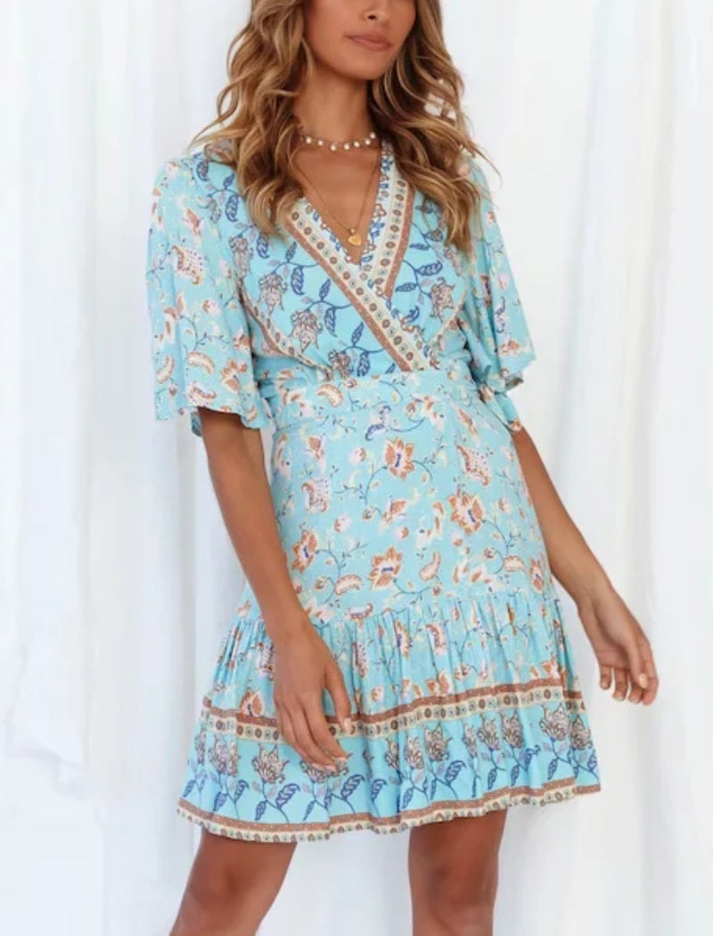 Summer Boho Floral Printed Mini Dress