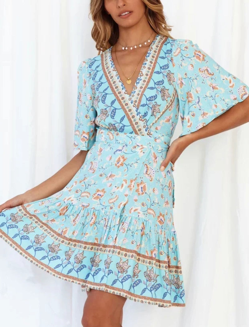 Summer Boho Floral Printed Mini Dress