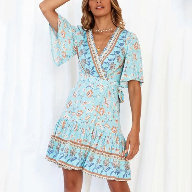 Summer Boho Floral Printed Mini Dress