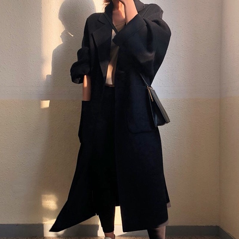 Elegant Solid Long Wool Coat