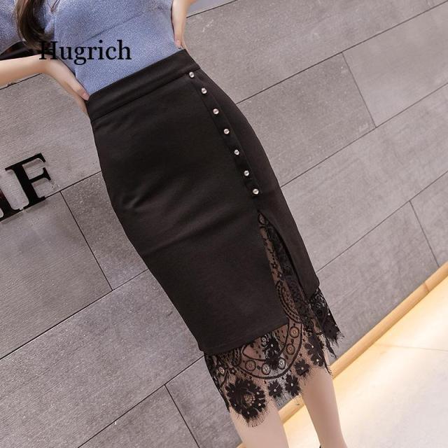 Lace Trim Button Side Pencil Skirt