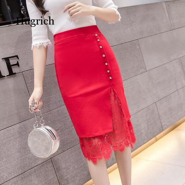 Lace Trim Button Side Pencil Skirt