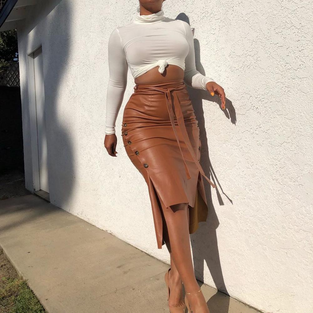 Double Button Belted Leather Look Long Skirt