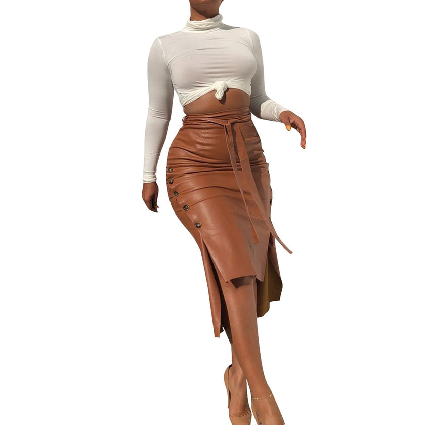 Double Button Belted Leather Look Long Skirt