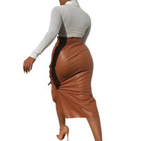 Double Button Belted Leather Look Long Skirt