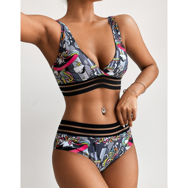 Leaves Printed High Waist Two Pieces Bikini Set