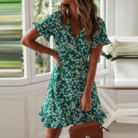 V Neck Floral Print A-Line Dress