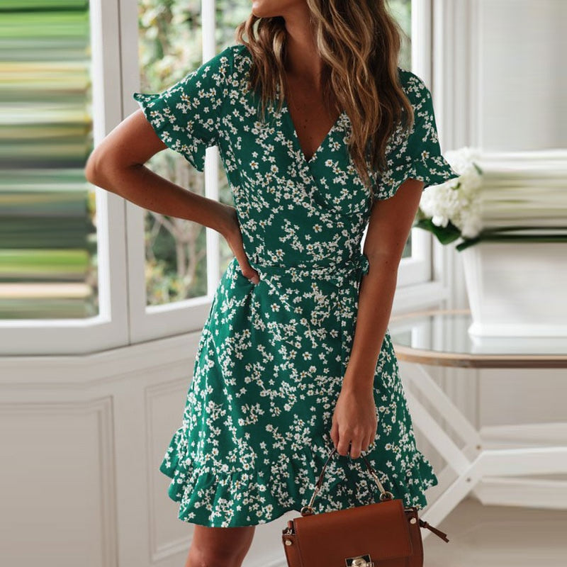 V Neck Floral Print A-Line Dress