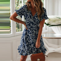 V Neck Floral Print A-Line Dress