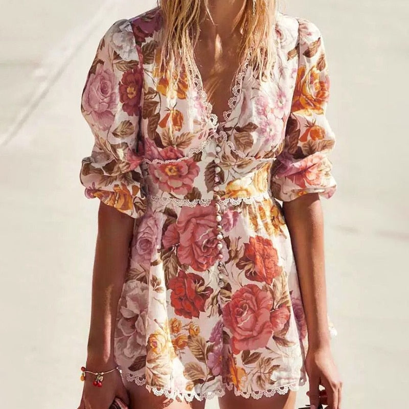 Summer Boho Style Floral Print Playsuit