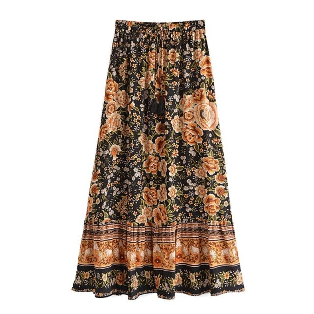 Bohemian Black Ruffle Hem Wrap Knotted Floral Skirt