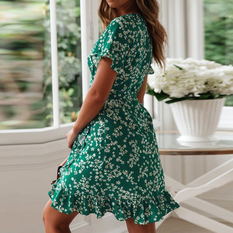 V Neck Floral Print A-Line Dress