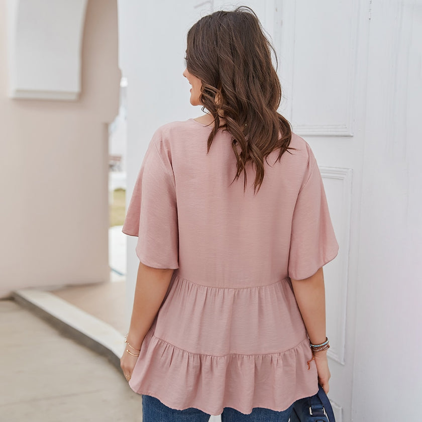 V-Neck Ruffled Sleeve Button Top