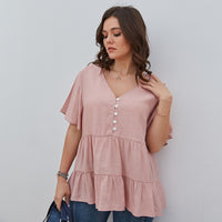 V-Neck Ruffled Sleeve Button Top