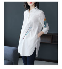 Cotton Plus size Feather Embroidery White Long Blouse