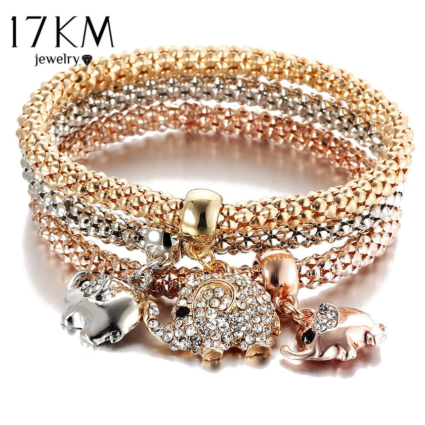 3Pcs Gold Color Crystal Charm Bracelets